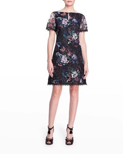 Shop Marchesa Notte Floral-print Lace Short-sleeve Dress In Black
