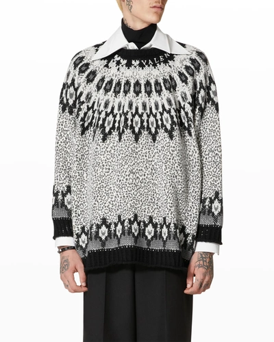 Shop Valentino Men's Leopard Fair Isle Sweater In Leopard/black