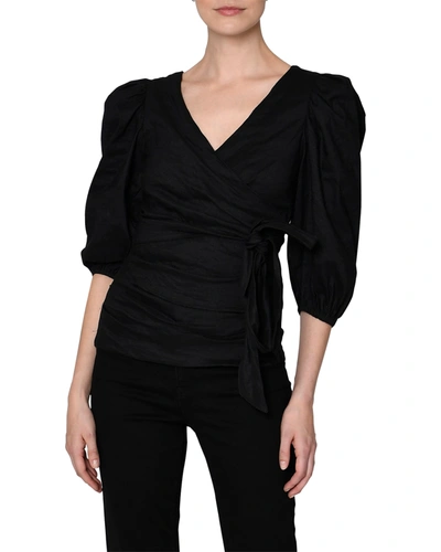 Shop Nicole Miller Puff-sleeve Cotton Metal Wrap Blouse In Black