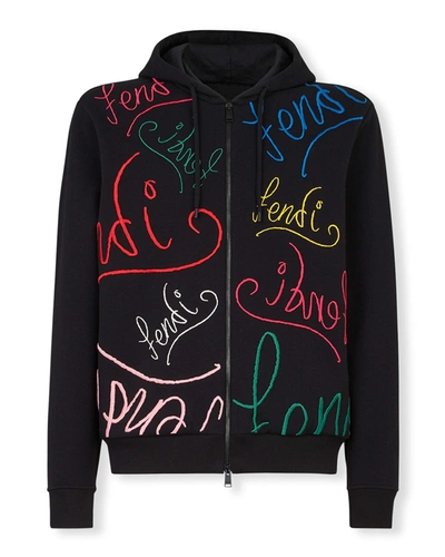 Shop Fendi Men's Chalk Logo Zip Hoodie In Neromulticolor