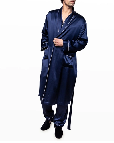 Shop Petite Plume Men's Piped Silk Long Robe In Navy