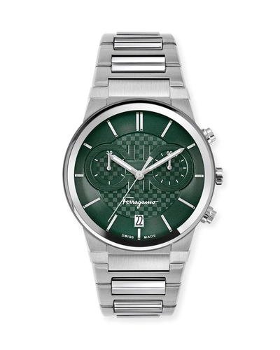 Shop Ferragamo Men's 41mm Sapphire Chrono Bracelet Watch In Silver/green