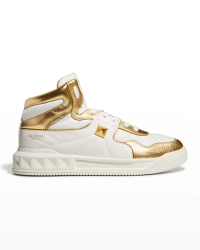 Shop Valentino Men's Roman Stud Leather High-top Sneakers In Ivory/gold