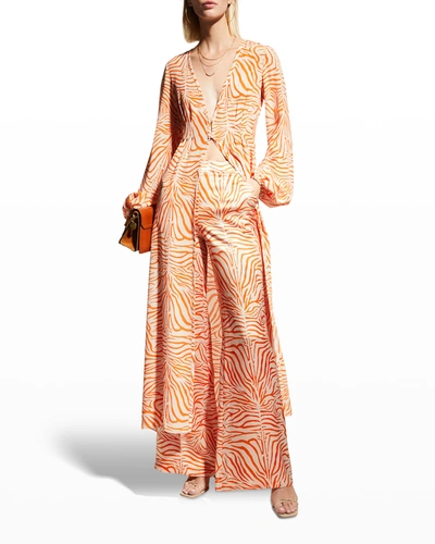 Shop Adriana Iglesias Vada Zebra-print Silk Robe In Orange Zebra