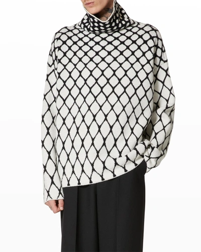 Shop Valentino Men's Wool Net-print Turtleneck Sweater In Ivory/black