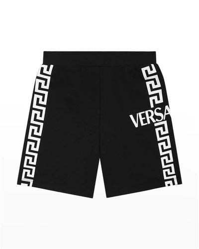 Shop Versace Boy's Greca Logo Bermuda Shorts, Sizes 8-14 In Black White