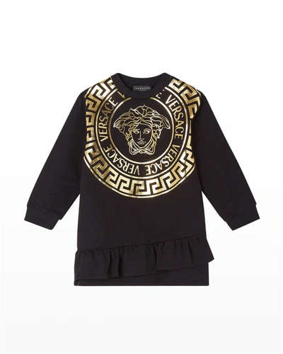 Shop Versace Girl's Metallic Medusa Logo Sweater Dress In Black Gold