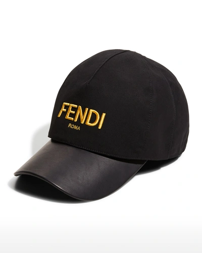 Shop Fendi Men's Logo Leather-brim Baseball Cap In Black