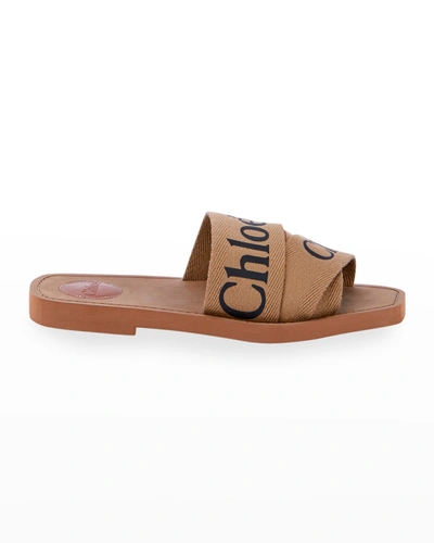 Shop Chloé Woody Flat Logo Ribbon Slide Sandals In Grove Brown
