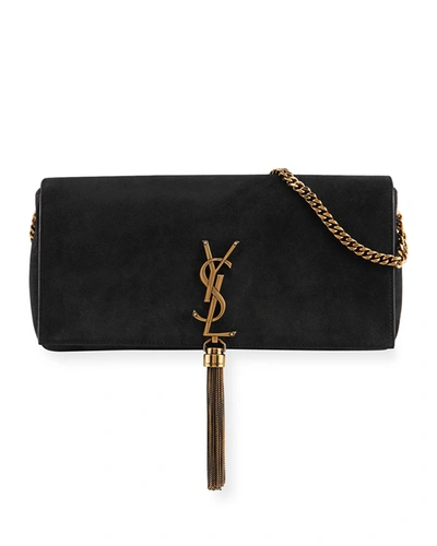 Shop Saint Laurent Kate Ysl Monogram Suede Shoulder Bag W/ Tassel In Black
