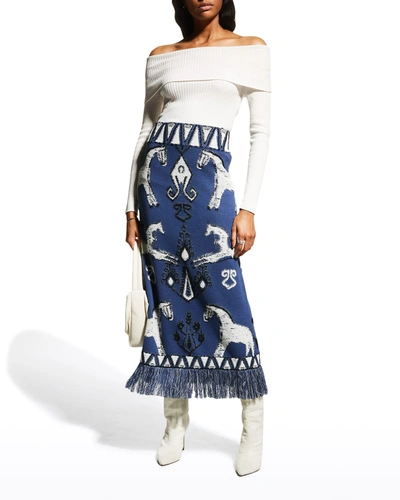 Shop Johanna Ortiz Pima Cotton Jacquard Midi Skirt In Ikat Midnight Blu