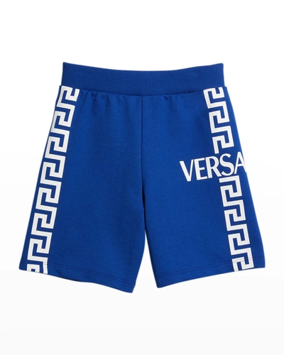 Shop Versace Boy's Greca Logo Bermuda Shorts, Sizes 4-6 In Bluette White