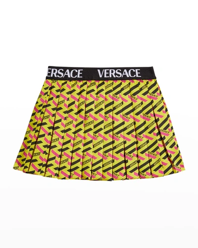 Shop Versace Girls' Monogram Greco Print Pleat Skirt In 5y010yellow Multi