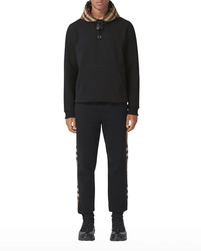 Shop Burberry Men's Check-hood Pullover Sweatshirt In Black