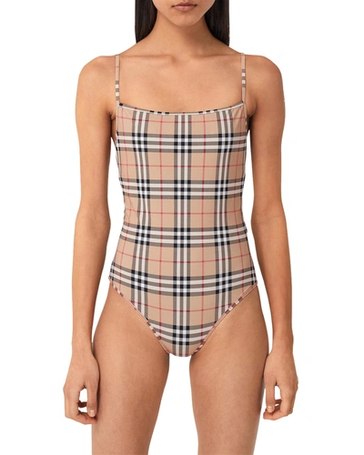 Shop Burberry Delia Plaid-print One-piece Swimsuit In Antique Yellow Ch