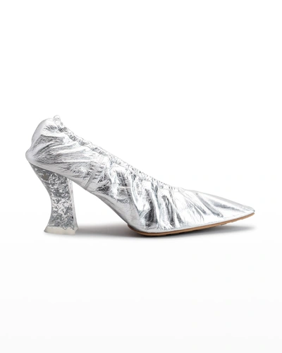 Shop Bottega Veneta Metallic Ruched Transluscent-heel Pumps In Silver