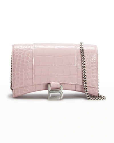 Shop Balenciaga Hour Croc-embossed Wallet Crossbody Bag In 6903 Powder Pink