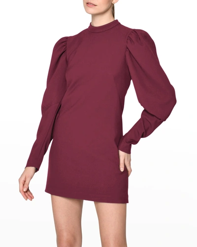 Shop Nicole Miller Puff-sleeve Stretchy Tech Mini Dress In Wine