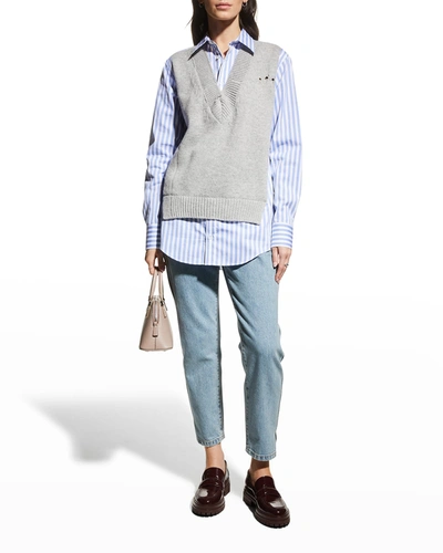 Shop Maison Margiela Mixed-media Sweater Vest Shirt In Blue Stripe