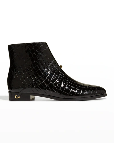 Shop Jennifer Chamandi Gianni Patent Leather Croc-embossed Booties In Black