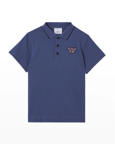 Shop Burberry Boy's Hecter Embroidered Vintage Check Bear Polo Shirt In Pebble Blue