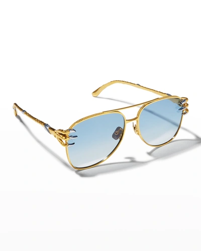 Shop Anna-karin Karlsson Claw Voyage Titanium Aviator Sunglasses In Gold Blue Lens