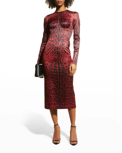 Shop Dolce & Gabbana Tubino Leopard-print Satin Midi Dress In Leo Nero Frosso