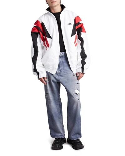 Shop Balenciaga Men's Track Suit Jacket W/ Stripes In Bianco