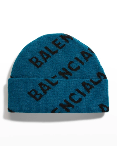 Shop Balenciaga Men's Allover Logo Beanie Hat In Blu/nero
