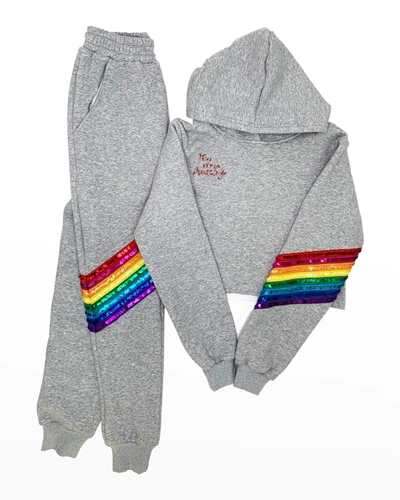 Shop Lola + The Boys Girl's You Are Amazing Rainbow Embellished 2-piece Jogger Set In Gray
