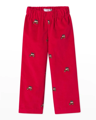 Shop Classic Prep Childrenswear Boy's Myles Car-embroidered Corduroy Pants In Crimson With Wood