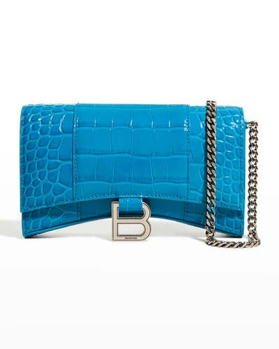 Shop Balenciaga Hour Croc-embossed Wallet Crossbody Bag In 4619 Turquoise