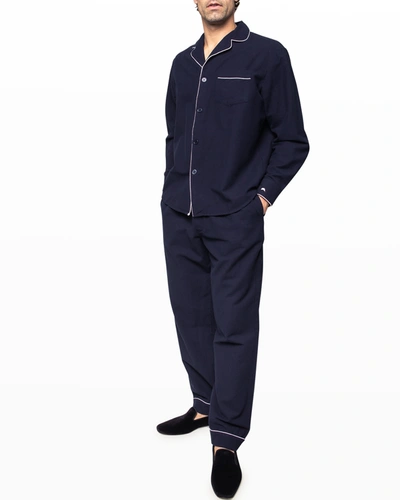 Shop Petite Plume Men's Piped Flannel Pajama Set In Navy