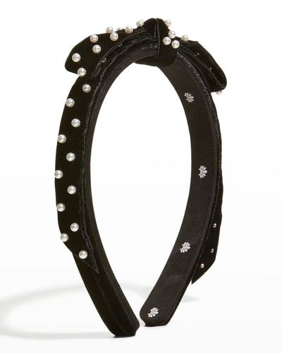 Lele Sadoughi Pearly Bow Velvet Slim Headband In Jet