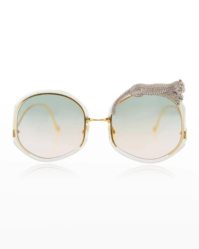 Shop Anna-karin Karlsson Rose Et Le Reve Leopard Round Acetate Sunglasses In Jade