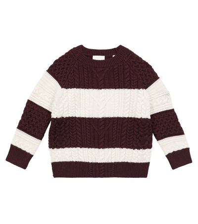 Shop Burberry Striped Wool-blend Cable-knit Sweater In Burgundy / White