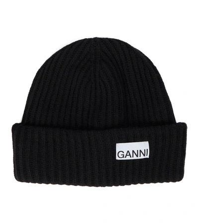 Shop Ganni Wool-blend Beanie In Black