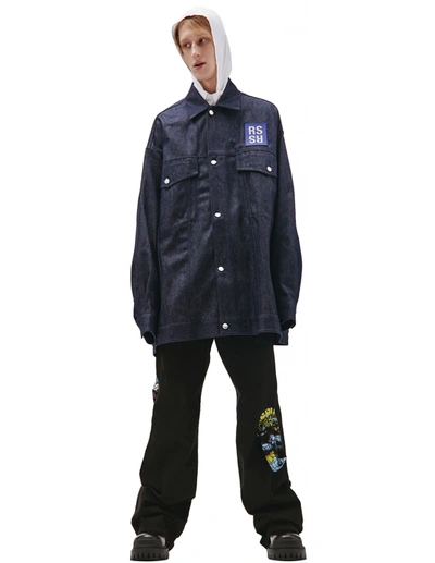 Shop Raf Simons Navy Blue Logo Denim Shirt Jacket