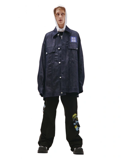 Shop Raf Simons Navy Blue Logo Denim Shirt Jacket