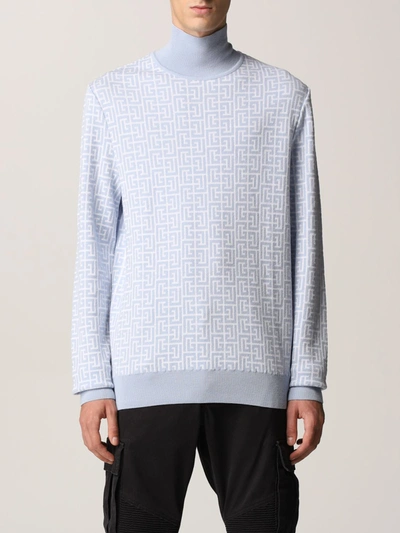 Shop Balmain Cotton Sweater With Allover Monogram In White