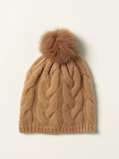 Shop Max Mara Cashmere Beanie Hat With Fox Pom Pom In Camel