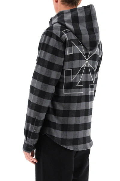 Shop Off-white Hooded Flannel Shirt In Black,grey