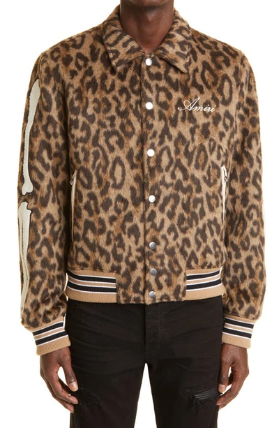 Shop Amiri Bones Wool Blend Varsity Jacket In Leopard