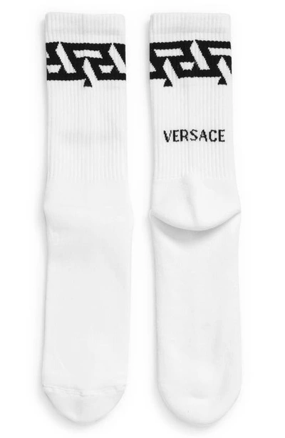 Shop Versace Greca Logo Crew Socks In Bianco Nero