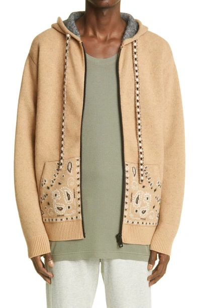 Shop Alanui Bandana Hooded Wool Blend Sweater In Camel Multi