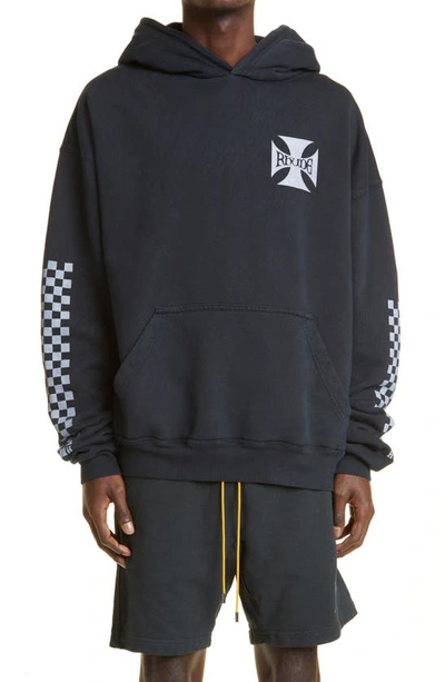 Shop Rhude Classic Checkers Cotton Hoodie In Black