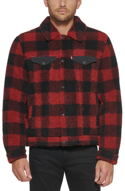 Levi's High Pile Fleece Trucker Jacket In Red/ Black Plaid | ModeSens