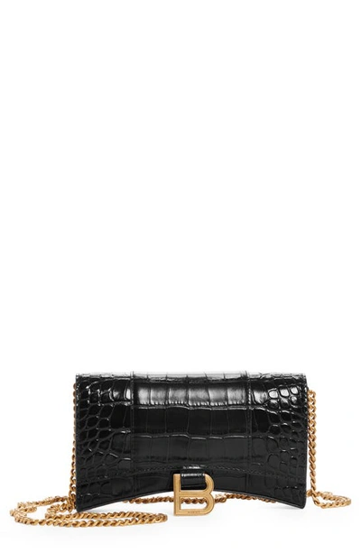 Shop Balenciaga Hourglass Leather Wallet On A Chain In Black