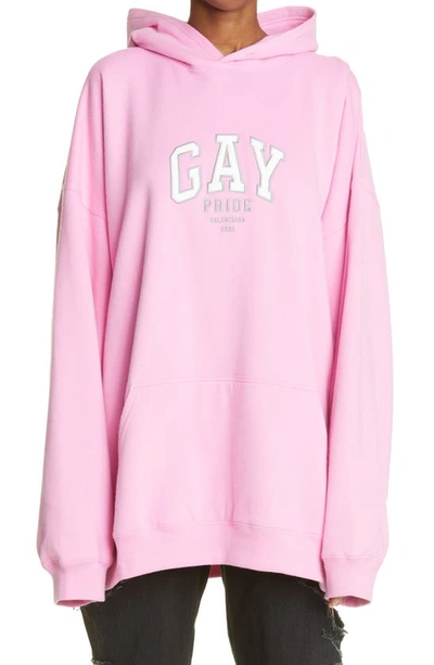 Shop Balenciaga Gay Pride Embroidered Oversize Cotton Hoodie In Pink/ White/ Grey