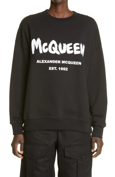 Shop Alexander Mcqueen Graffiti Logo Oversize Cotton Sweatshirt In 0520 Black/ White